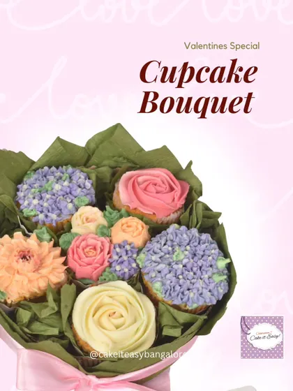 A close-up of the hand-tied cupcake bouquet, showing the detailed buttercream piping work on each cupcake.