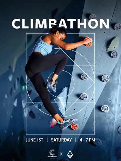 Get ready to win some cool prizes. This poster for our Climbathon event shows a climber reaching for a hold, promoting the challenge of completing secret boulder and top-rope routes to collect prizes from our partners.