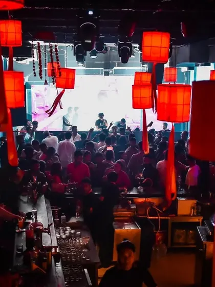 A wide shot of the Tara Sitara setup at Tantra in Kolkata. The combination of the venue's decor and our custom visuals created a completely immersive environment.