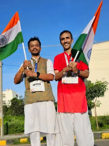 A collage celebrating a runner's first race in ethnic attire, holding the flag, and enjoying the experience with his running club.