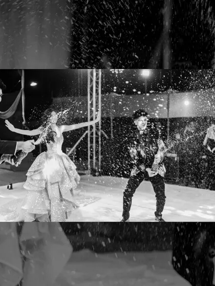 A black and white collage of the couple celebrating with a champagne spray on the dance floor.