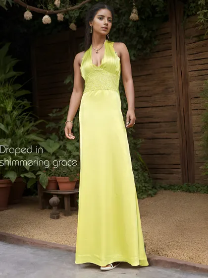 A sprinkle of sparkle reminiscent of dew-kissed mornings. This shimmering neon-yellow halter gown is draped in shimmering grace, perfect for a glamorous evening event.