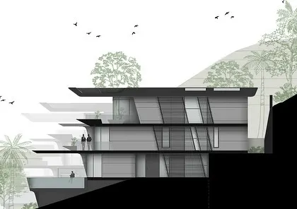 This illustrated section of the Dona Paula Masterplan shows how the shifting volumes of the floors and roofs create dynamic living spaces. The drawing also highlights the cantilevered pools and carved courtyards that define the design.