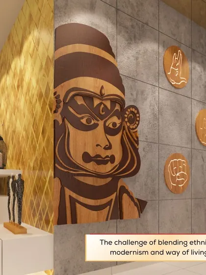 We love blending ethnicity with modern living. This foyer features a stunning Kathakali mask wall art, creating a powerful cultural statement.