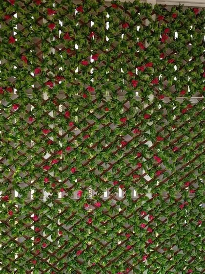 This expandable artificial leaf trellis, featuring red rose accents, is a quick and effective way to create a decorative privacy screen.