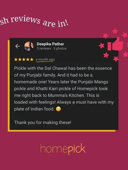 "Years later the Punjabi Mango pickle... took me right back to Mumma's Kitchen." Thank you, Deepika, for this beautiful review. It's an honour to bring back those precious feelings.