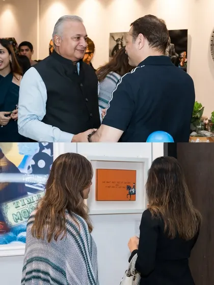 Esteemed guests networking and appreciating the art at one of our events. We pride ourselves on attracting a discerning audience of collectors, designers, and art lovers to our gallery.