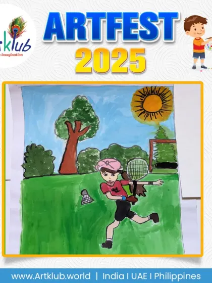 A badminton player is captured mid-swing in this energetic artwork by a senior student. The outdoor setting with a bright sun adds to the lively feel of the piece.