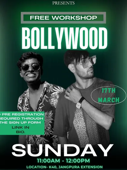 An announcement for a free, fun-filled Bollywood workshop in South Delhi. A great chance to learn some new moves.