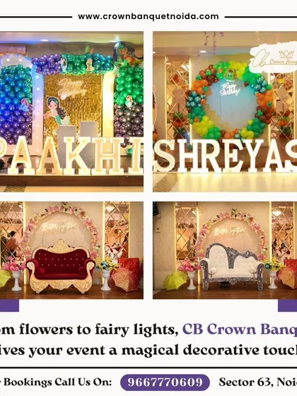From flowers to fairy lights, we add a magical touch to every event. This collage shows a variety of our decor options, including birthday backdrops for 'Paakhi' and 'Shreyas' alongside our classic engagement stage setups.
