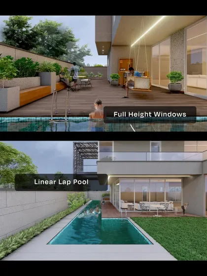 This composite image shows how we design for lifestyle. The upper deck with a swing and seating connects seamlessly to the interior via full-height windows, while the lower view displays the sleek linear lap pool for fitness and leisure.