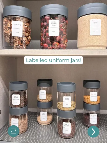 Labeled, uniform jars are a signature of our kitchen makeovers. They create a clean, cohesive look and make ingredients easy to identify.