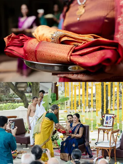 This collage highlights the traditional aspects of the engagement ceremony, from the exchange of gifts to the blessings from elders. The decor provides a fittingly elegant and cultural setting.