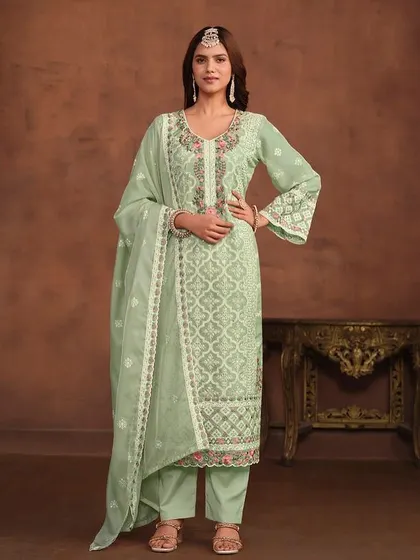 A light green organza suit with beautiful white thread embroidery. The bell sleeves and delicate lacework add a touch of vintage charm.