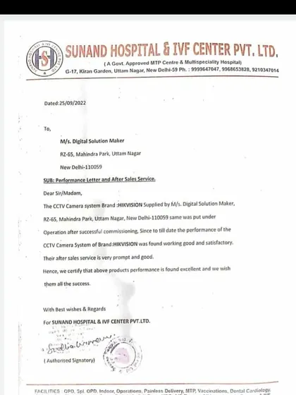 I am proud to have received this performance and after-sales service letter from Sunand Hospital & IVF Center. My team and I successfully installed a HIKVISION CCTV camera system to secure their premises.