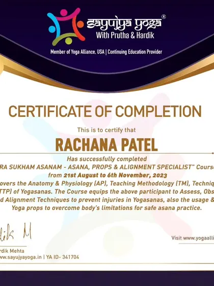 A certificate for our Asana, Props, and Alignment Specialist course. This teacher is now equipped to assess, observe, and offer individualized alignment.