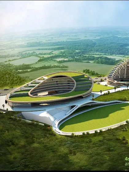 The design integrates large, open green spaces that can be used for recreation and events, making the centre a vibrant place for researchers and the public.