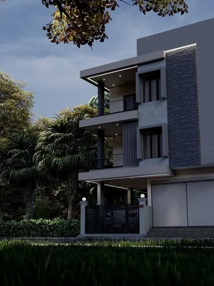 A 3D render of a 30x40 ft house design. This concept shows how a compact plot can be used to build a spacious and modern multi-story home.