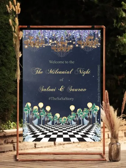 Welcome to an evening of enchantment. For this 'Millennial Night' celebration, I designed a welcome sign that captured a glamorous, starry night theme, complete with celestial chandeliers and a whimsical checkerboard floor to set a magical tone.