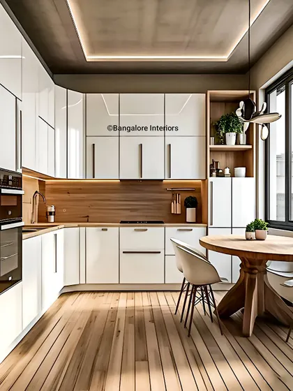 This bright, L-shaped kitchen is a perfect example of how I blend modern white cabinetry with warm wood tones to create a space that feels both clean and inviting. The design incorporates under-cabinet lighting for task areas and a cozy dining nook, making it a functional heart of the home.