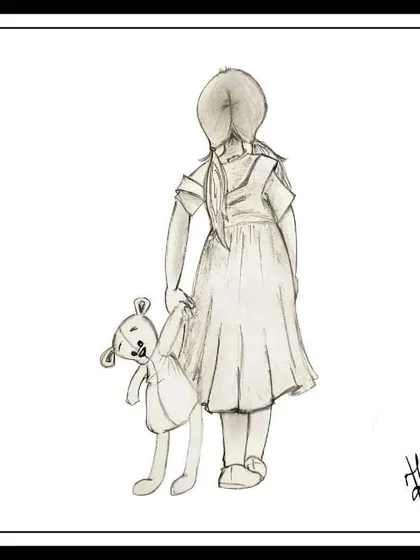 A sketch of a little girl holding her teddy bear. This piece is about the quiet companionship of our childhood friends, the ones who were there for our little woes and big joys.