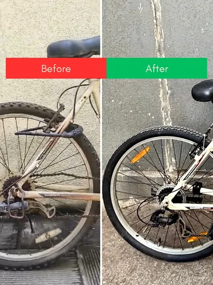 Even the rustiest parts can be saved. This image shows the rear wheel and derailleur of a bike before and after our rust removal and deep cleaning process.