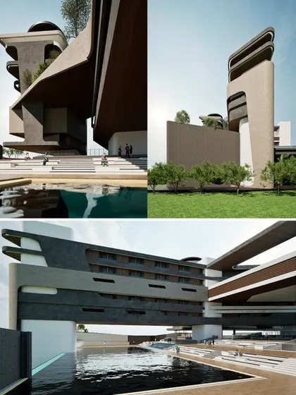 Rendered views of the hotel, highlighting its cantilevered sections and integration with water features.