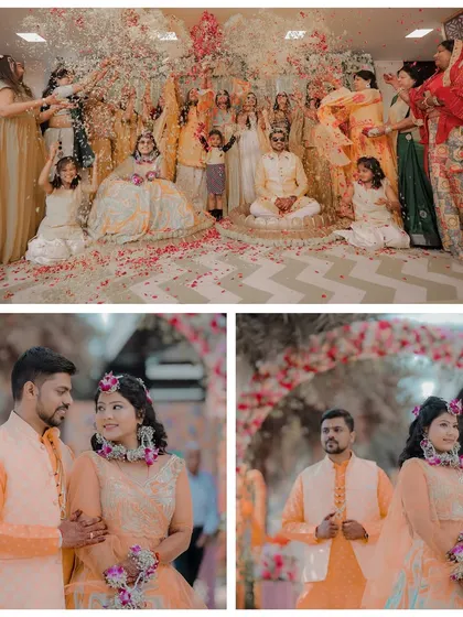 A collage showing the joyous 'phoolon ki holi' during a Haldi ceremony. It captures the couple being showered with petals by their family and their own romantic portraits.