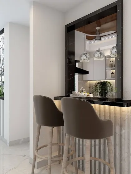 This design features a stylish dinette or bar seating area connected to the kitchen, perfect for small spaces or casual meals.