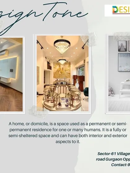 A mood board collage showcasing our design style and inviting clients to visit our office in Gurgaon.