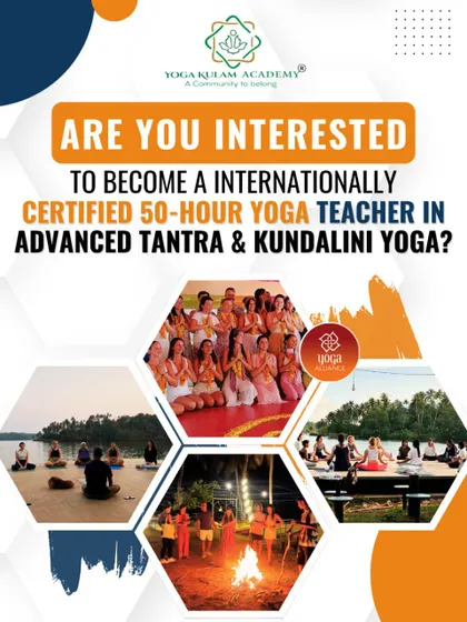 This graphic invites you to become an internationally certified teacher in Advanced Tantra and Kundalini Yoga, with a collage of images from the course including lake meditation and a fire ceremony.