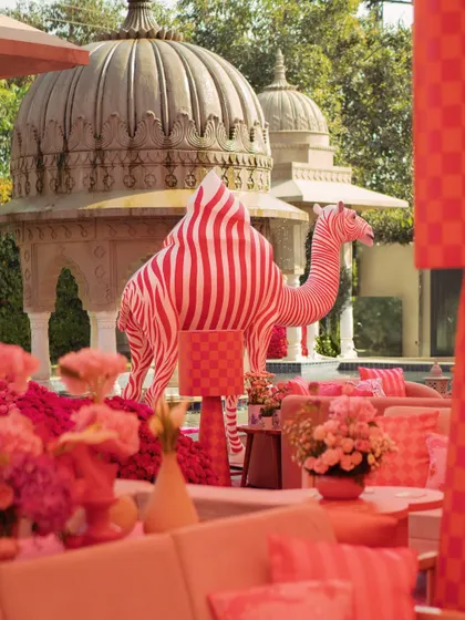 A surreal and playful scene where a candy-striped camel stands amidst the pink and orange decor, adding a touch of Rajasthani-inspired whimsy.