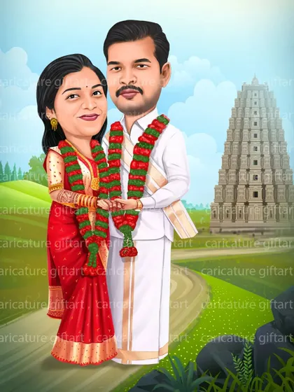 Another beautiful temple-themed wedding caricature. I illustrated the couple holding hands, adorned with garlands, with the temple gopuram rising in the background. This is a popular choice for traditional wedding invitations.