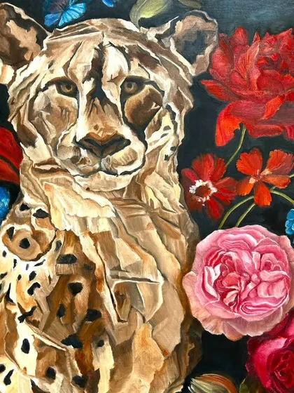 This piece by artist Sandipa Roy shows a cheetah surrounded by vibrant flowers. The artwork blends the wildness of the animal with the delicate beauty of nature, creating a stunning and unique portrait.