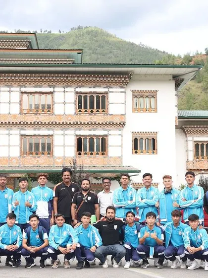 The full Indian U17 squad and coaching staff pose for a team photo in Bhutan. This image represents the collective effort and unity of our entire group.