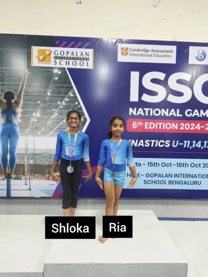 Shloka and Ria on the podium at the ISSO National Games. Shloka took 2nd on Vault and Ria secured 3rd on Floor, both placing in the top of the U11 all-around category.