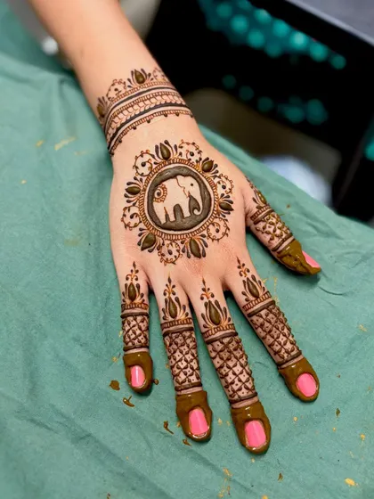 A close-up of a single hand with a beautiful elephant mandala, showcasing the clean lines and shading.