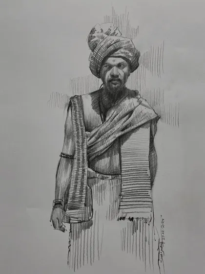 A standing figure sketch of a man in a turban, demonstrating how to use line weight to create form and dimension.