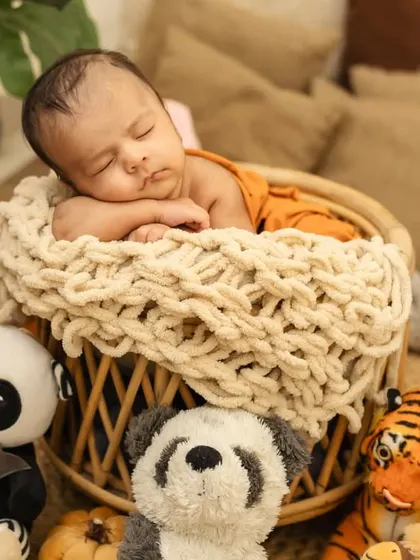 Another angle of this adorable jungle-themed newborn shoot, with the baby surrounded by plush pandas and tigers.