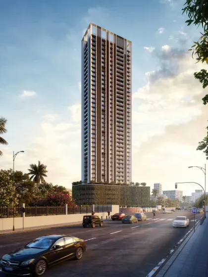 A residential tower designed for the outskirts of Mumbai. The facade features sleek angular fins and louvers, a sustainable design strategy to optimize sunlight and natural ventilation.