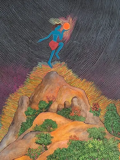 A unique depiction of Lord Shiva, created in a distinctive folk-art style. This piece celebrates Hindu spirituality through a vibrant and contemporary lens.