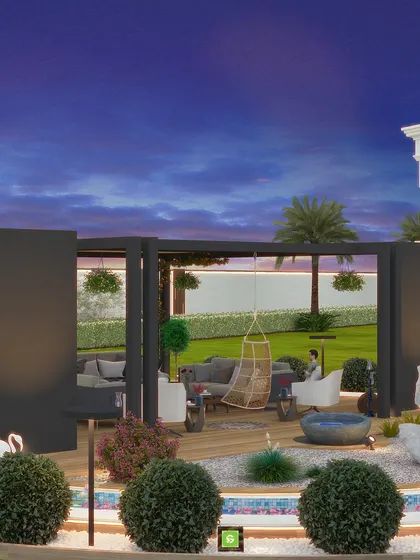 The Palwal project concept at dusk, showing the lighting and the relationship between the pergola, the water feature, and the main house.