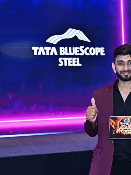 Ready to go at the Tata Bluescope Steel dealer meet. A confident thumbs-up for another successful corporate event, ensuring the brand's message is delivered with professionalism and impact.