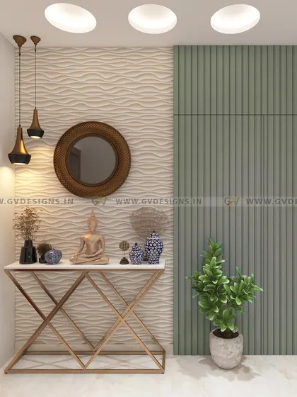This captivating foyer design features a chic console table set against a 3D charcoal panel wall. A hidden door is ingeniously concealed within a wall of PVC rafters, adding a touch of mystery and clever functionality to the entrance.