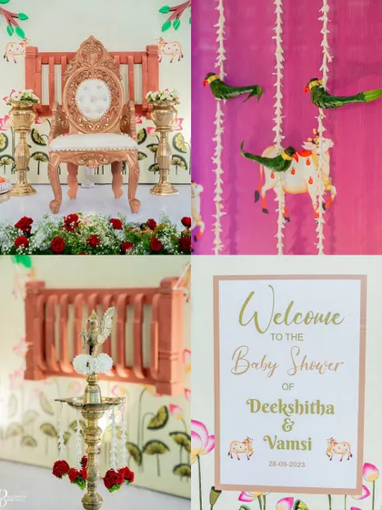 More details from the Pichwai-themed baby shower, including the welcome sign and the ornate throne for the mother-to-be.