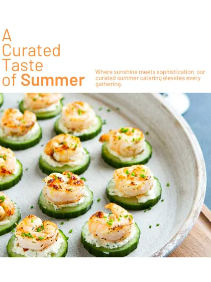 A curated taste of summer. These light and refreshing bites feature grilled shrimp on a cool cucumber base, perfect for warm-weather corporate events and garden parties.