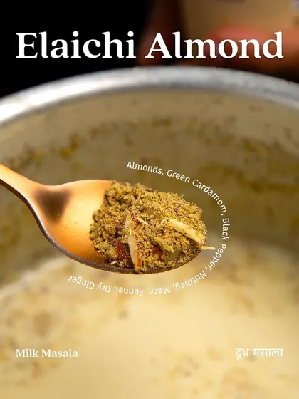 A spoonful of my Elaichi Almond Milk Masala, showing the texture of ground almonds, cardamom, black pepper, and other spices. Just a half teaspoon is enough to transform a cup of milk.