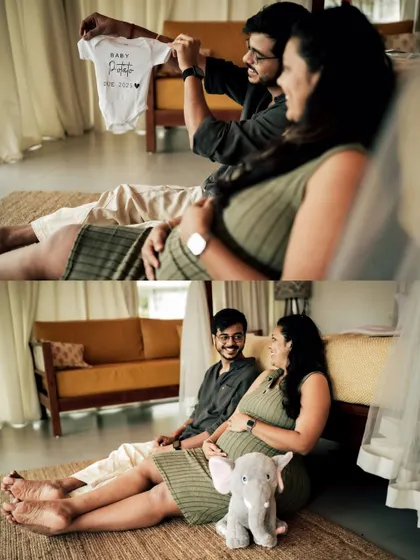 A collage of a relaxed indoor session. The couple is seen looking at a baby onesie and sitting together with a stuffed elephant, capturing the quiet joy of preparing for their baby.