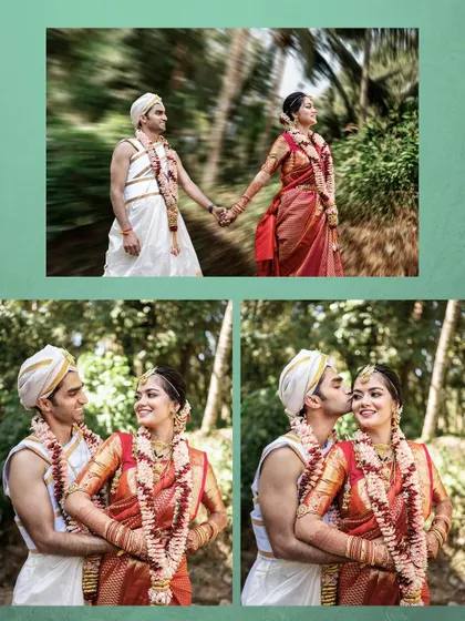A collage of the couple enjoying their wedding day, with a creative motion blur effect that adds a dynamic feel.