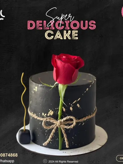 A sophisticated black cake for a special celebration. This design is adorned with gold flecks, a single perfect red rose, and a rustic twine bow, creating a look of timeless elegance.